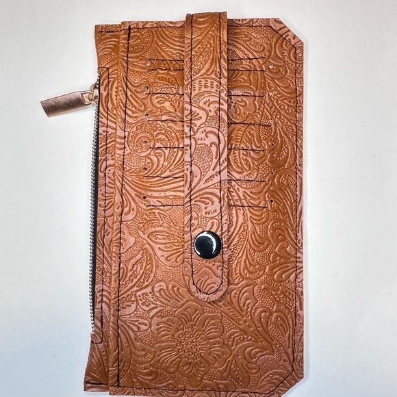 Wallet brown vinyl with tooled pattern rose gold plastic zipper Handmade - Picture 7 of 8